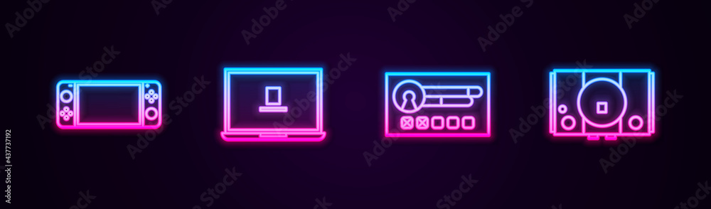 Set line Portable video game console, Laptop, Create account screen and Video. Glowing neon icon. Vector Set line Portable video game console, Laptop, Create account screen and Video. Glowing neon icon. Vector