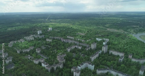 The abandoned city was shot by a drone with rotation around the house. Chernobyl. Pripyat. Aerial
