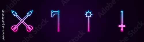 Set line Medieval crossed arrows, axe, chained mace ball and sword. Glowing neon icon. Vector
