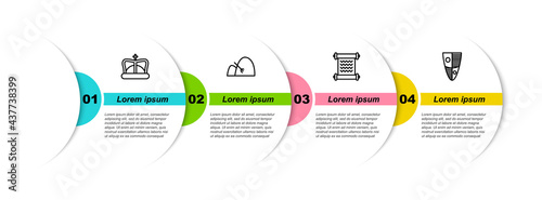 Set line King crown, Bale of hay and rake, Decree, parchment, scroll and Shield. Business infographic template. Vector