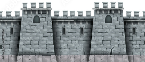 Stone castle wall background, vector seamless brick medieval tower texture, rock city fortification building. Gray kingdom fortress illustration, game design element. Stone wall, loophole, windows photo