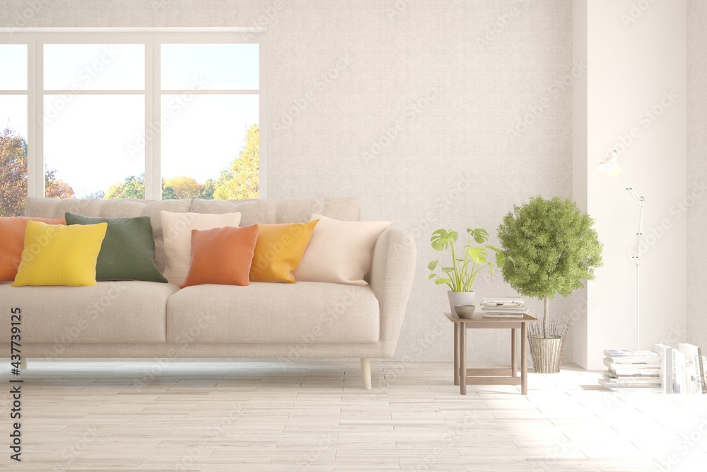 Fototapeta premium Soft color living room with sofa. Scandinavian interior design. 3D illustration
