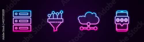 Set line Server, Data, Web Hosting, Sales funnel with chart, Network cloud connection and Mobile and password. Glowing neon icon. Vector
