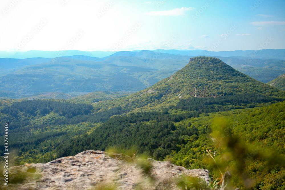 View of the Tepe-Kermen mountains. Bakhchisarai region. Crimea. Panorama