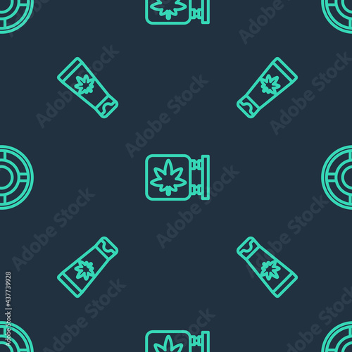 Set line Marijuana and cannabis store, Medical cream with marijuana and Ashtray on seamless pattern. Vector