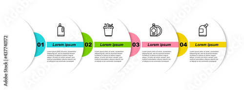 Set line Fabric softener, Bucket with soap suds, Dishwashing liquid bottle and plate and Bottles for cleaning agent. Business infographic template. Vector