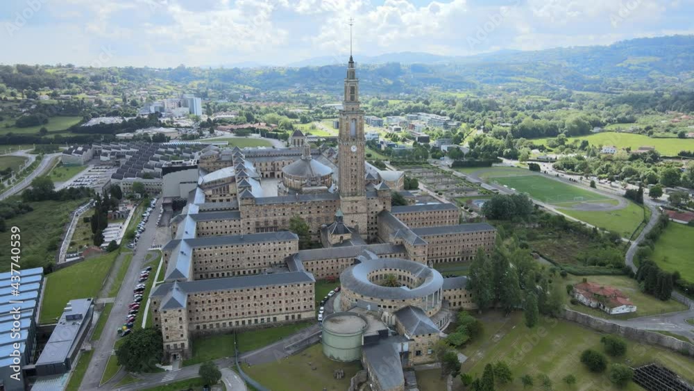 Gijón Xixón Universidad Laboral downtown aerial drone. Gijón or Xixón is the biggest city in Asturias, Spain.
