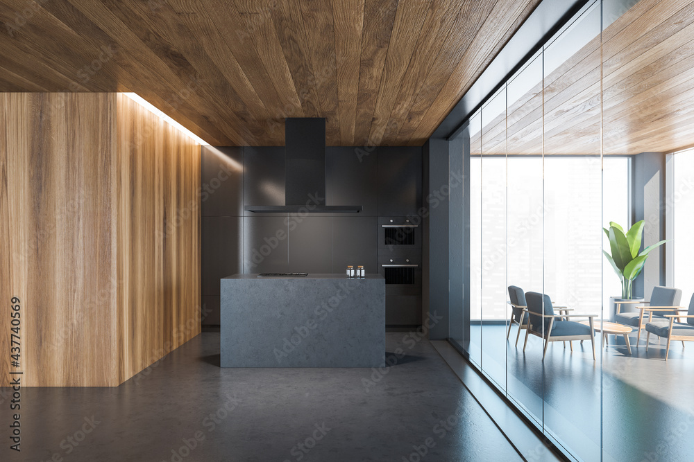 Fototapeta premium Stylish gray and wooden kitchen interior with bar