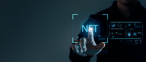 businessman finger touch virtual screen, NFT token digital crypto art blockchain technology concept.