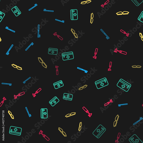 Set line Toothbrush, First aid kit, Safety goggle glasses and Medical otoscope tool on seamless pattern. Vector