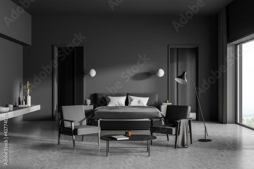 Grey bedroom interior with bed and armchairs near window, mockup