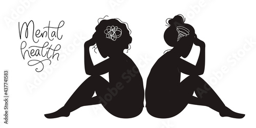 Mental health concept. Sad womans silhouette with depression sitting on the floor. Colorful vector illustration in flat cartoon style