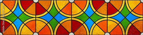 Sketch of a colored stained glass window. Oranges. Citrus slice. Tropical template for design. Summer stained-glass background. Bright colors, colorful. Modern stained glass. Seamless pattern.