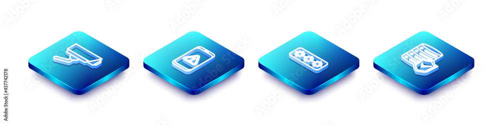 Set Isometric line Security camera, Mobile with exclamation mark, Password protection and Server shield icon. Vector