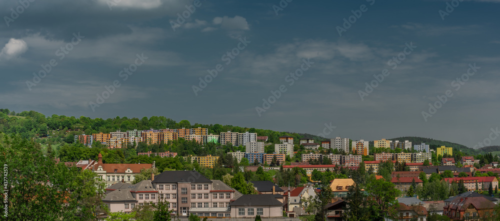 Housing estate in Vimperk town in Sumava national park in spring sunny day