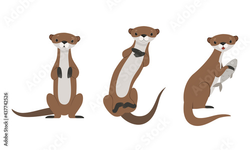 Set of Cute Weasel, Adorable Funny Wild Animal Cartoon Vector Illustration