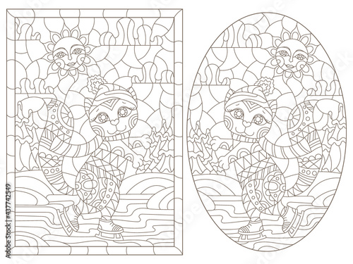 Set of contour illustrations in a stained glass style with cute cartoon kittens on a winter landscape background, dark outlines on a white background
