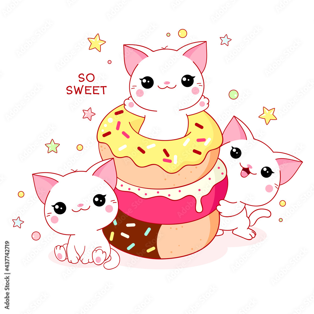Cute yummy card in kawaii style. Three lovely cats with donuts