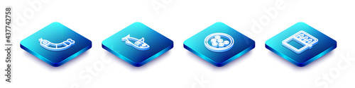 Set Isometric line Shrimp, Shark, Caviar on plate and Canned fish icon. Vector