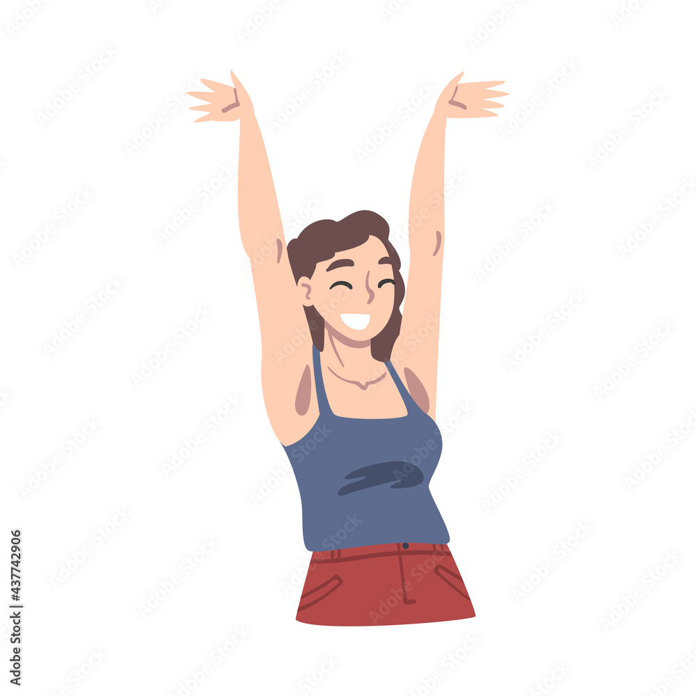 Smiling Young Woman Standing with her Hands Raised, Happy Girl Having Fun or Celebrating Success Cartoon Vector Illustration