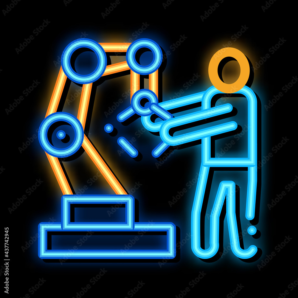 Man And Robot Arm neon light sign vector. Glowing bright icon Man And Robot Arm sign. transparent symbol illustration Man And Robot Arm neon light sign vector. Glowing bright icon Man And Robot Arm sign. transparent symbol illustration