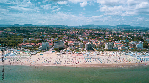 Italy, June 2021 - aerial view of the beach of the Romagna Riviera with Riccione, Rimini and Cattolica in the Emilia Romagna region