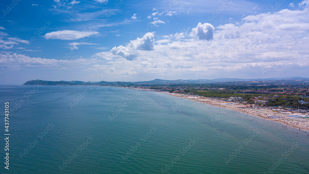 Italy, June 2021 - aerial view of the beach of the Romagna Riviera with Riccione, Rimini and Cattolica in the Emilia Romagna region