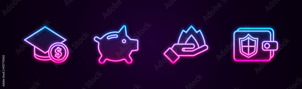Set line Graduation cap and coin, Piggy bank, Hand holding fire and Wallet with shield. Glowing neon icon. Vector Set line Graduation cap and coin, Piggy bank, Hand holding fire and Wallet with shield. Glowing neon icon. Vector