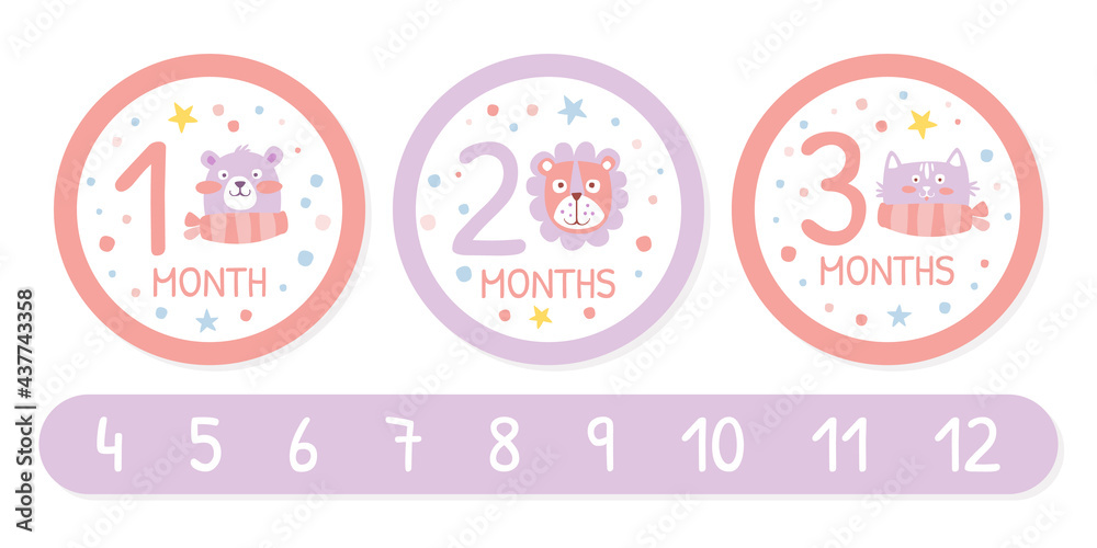 Newborn Baby Monthly Stickers Set, 12 Month Label Templates, First Year of Life Baby Development Vector Illustration