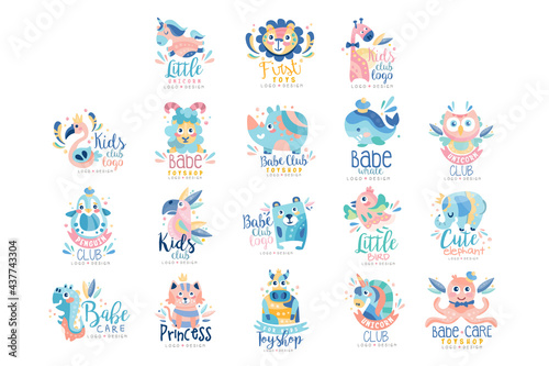 Baby Club Toy Shop Logo Templates Design Set, Kids Club Colorful Labels with Cute Baby Animals Vector Illustration