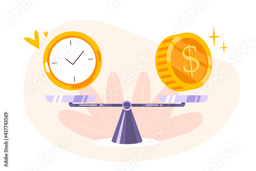 Time is money balance on scale icon. Concept of time management, economy and investment. Comparison work and value, financial profit. Vector flat illustration of coins, cash and watch on seesaw.