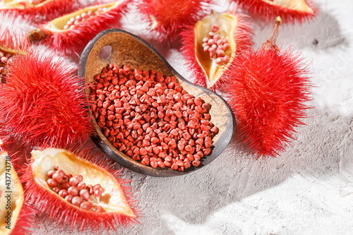 Annatto seeds, Onoto, Annatto, Bixa orellana, natural red pigment photo