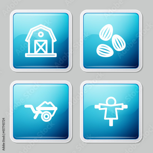 Set line Farm house, Seeds, Wheelbarrow with dirt and Scarecrow icon. Vector