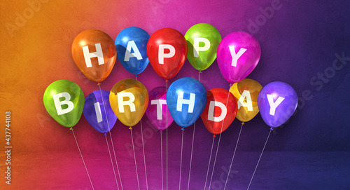 Colorful happy birthday air balloons on a rainbow background scene. Horizontal Banner