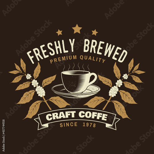 Coffe shop logo, badge template. Vector . Typography design with coffee cup and branch of coffee tree silhouette. Template for menu for restaurant, cafe, bar, packaging