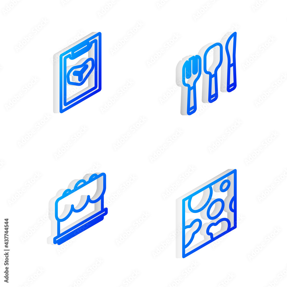 Set Isometric line Fork, spoon and knife, Restaurant cafe menu, Cake and Cheese icon. Vector Set Isometric line Fork, spoon and knife, Restaurant cafe menu, Cake and Cheese icon. Vector