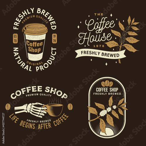 Set of Coffe shop logo, badge template. Vector. Typography design with coffee grinder, cup and branch of coffee tree silhouette. Template for menu for restaurant, cafe, bar, packaging