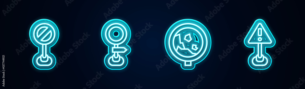 Set line Stop sign, Road traffic, warning rockfall and Exclamation mark triangle. Glowing neon icon. Vector Set line Stop sign, Road traffic, warning rockfall and Exclamation mark triangle. Glowing neon icon. Vector