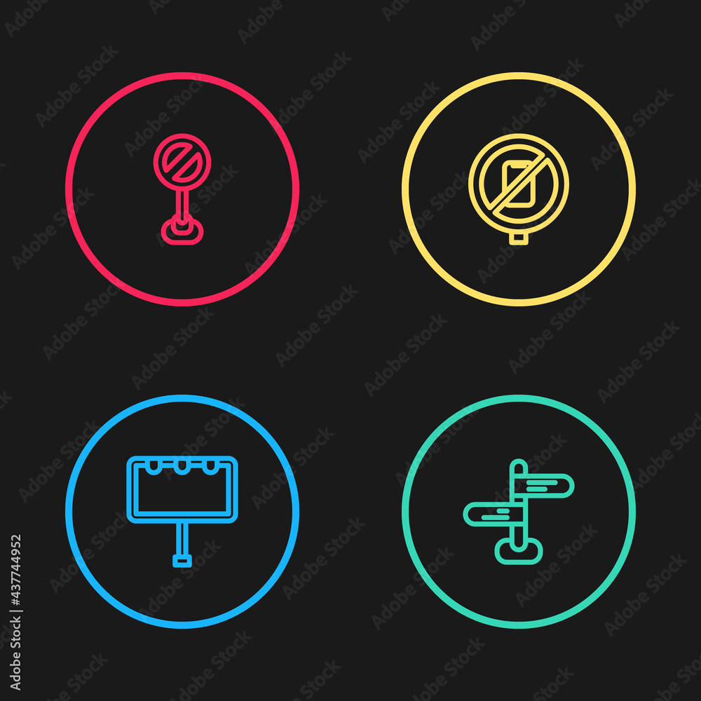 Set line Billboard with lights, Road traffic sign, No cell phone and Stop icon. Vector Set line Billboard with lights, Road traffic sign, No cell phone and Stop icon. Vector
