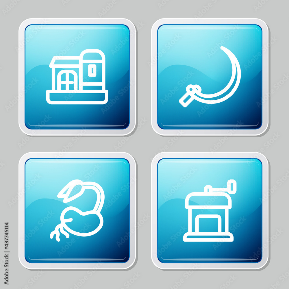 Set line Farm house, Sickle, Sprout and Manual coffee grinder icon. Vector Set line Farm house, Sickle, Sprout and Manual coffee grinder icon. Vector