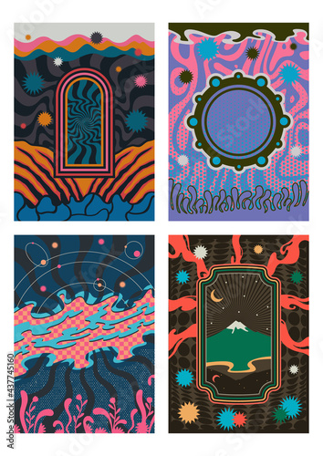 Abstract Psychedelic Illustration Set, Abstract Backgrounds and Patterns for Vintage Style Posters and Covers 