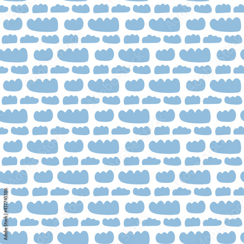 Vector seamless pattern with blue clouds on white background. Hand drawn doodle illustration.