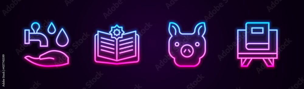 Set line Wudhu, Holy book of Koran, Pig and . Glowing neon icon. Vector