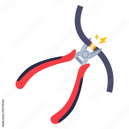 red wire cutters are cutting the electrical cable. flat vector illustration.