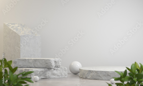 Stone Slabs Debris Display Stand Composition, For Show Product On Stone White Background, Plant Foreground Blur, 3d Render