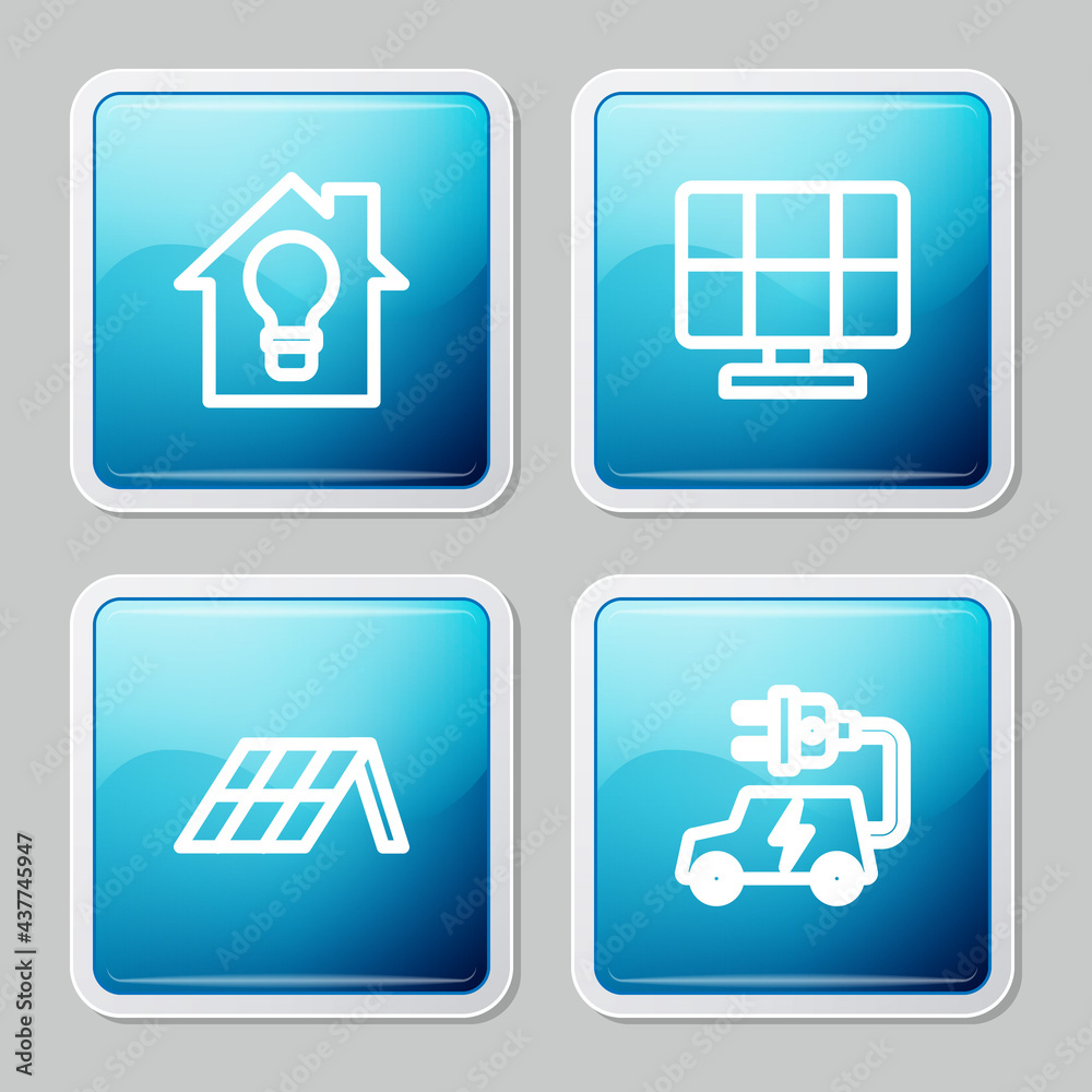 Set line Smart house and light bulb, Solar energy panel, and Electric car icon. Vector Set line Smart house and light bulb, Solar energy panel, and Electric car icon. Vector
