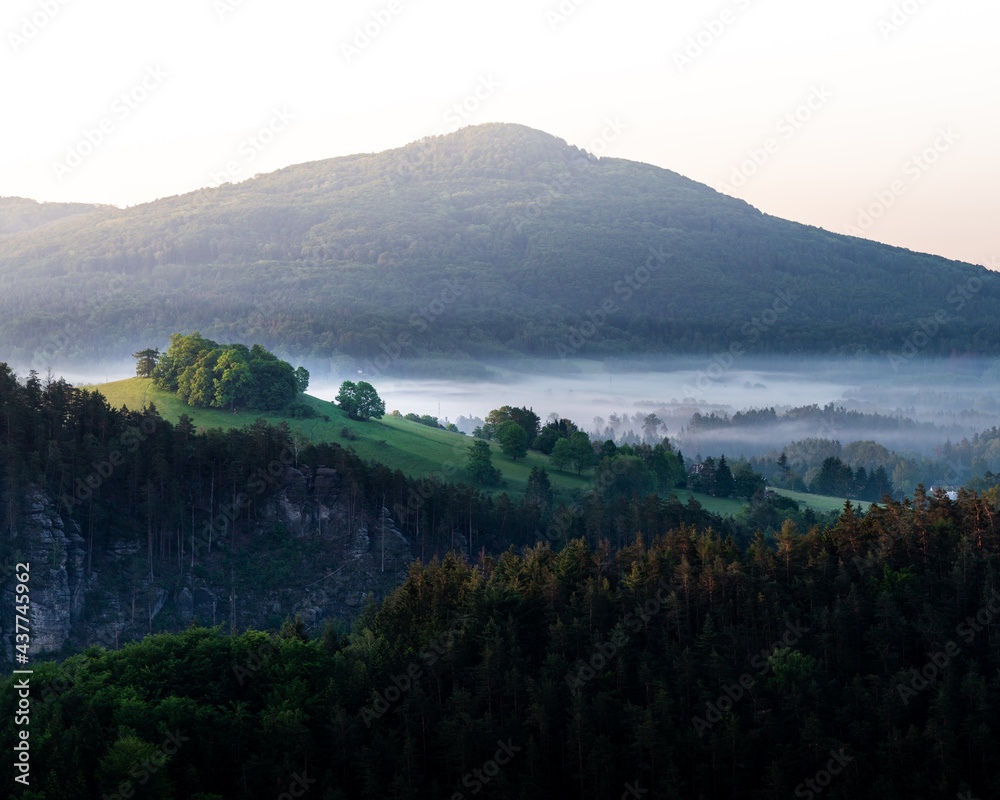 Mountain with fog in the valley and hill with trees during sunrise viewed from Mariina skála (Marienfels), Bohemian Switzerland, Czechia