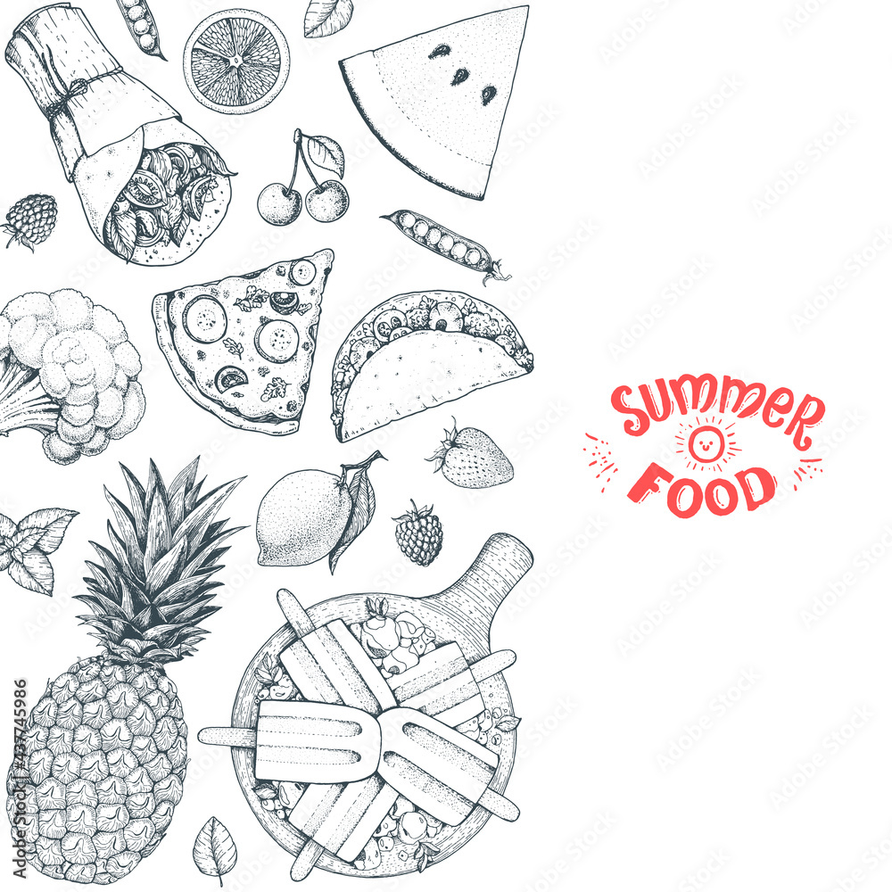 Summer food vector illustration. Variety food sketch collection. Top view engraved illustration. Food design elements.