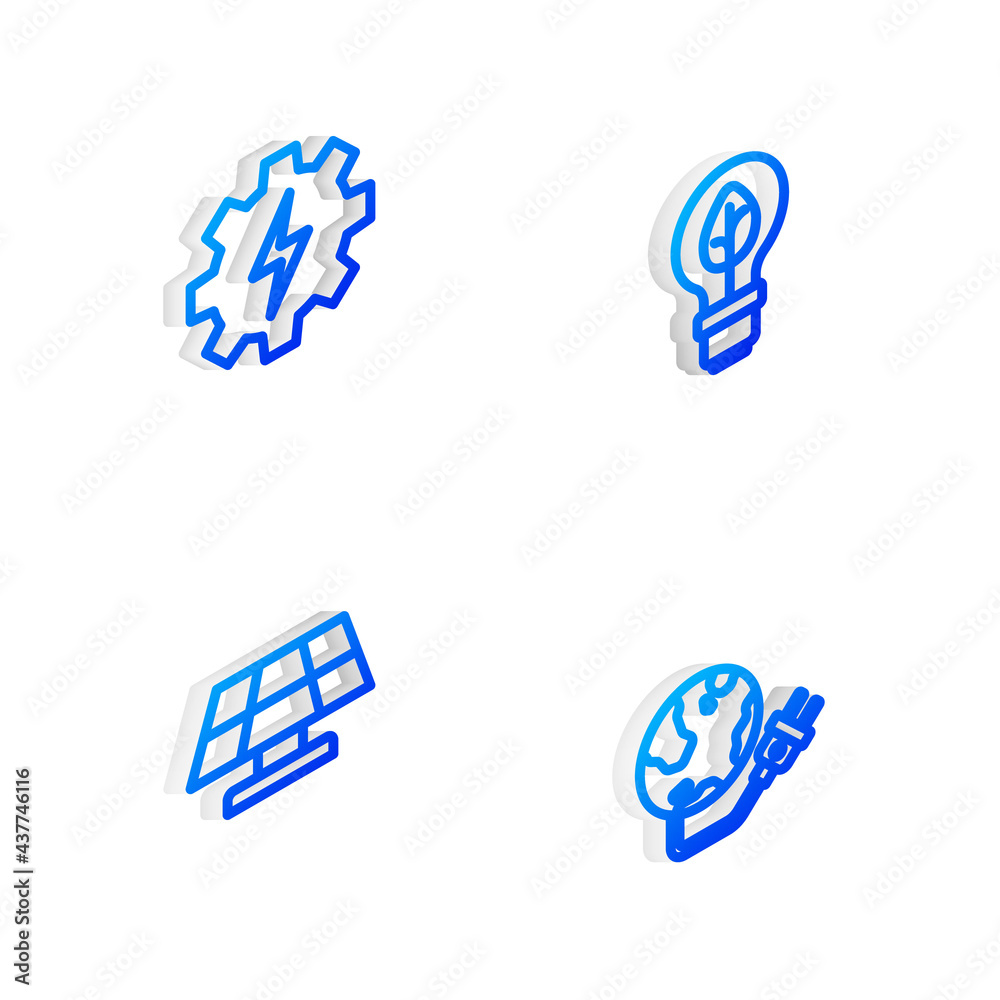 Set Isometric line Light bulb with leaf, Gear and lightning, Solar energy panel and Global power planet icon. Vector Set Isometric line Light bulb with leaf, Gear and lightning, Solar energy panel and Global power planet icon. Vector