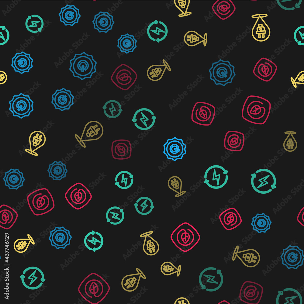 Set line Power button, Recharging, Electric plug and Location with leaf on seamless pattern. Vector Set line Power button, Recharging, Electric plug and Location with leaf on seamless pattern. Vector